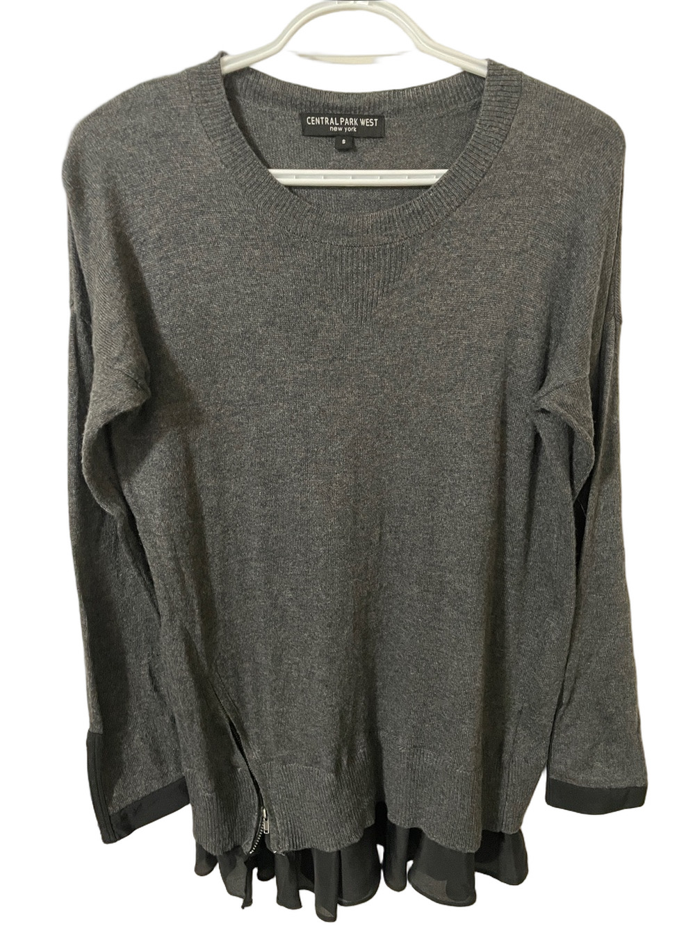 Central Park West Charcoal Grey Crewneck Sweater with Black Hem Detail Size S